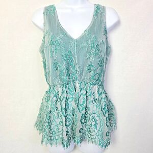 Willow Root Green Lace Sleeveless Peplum Top Women’s L